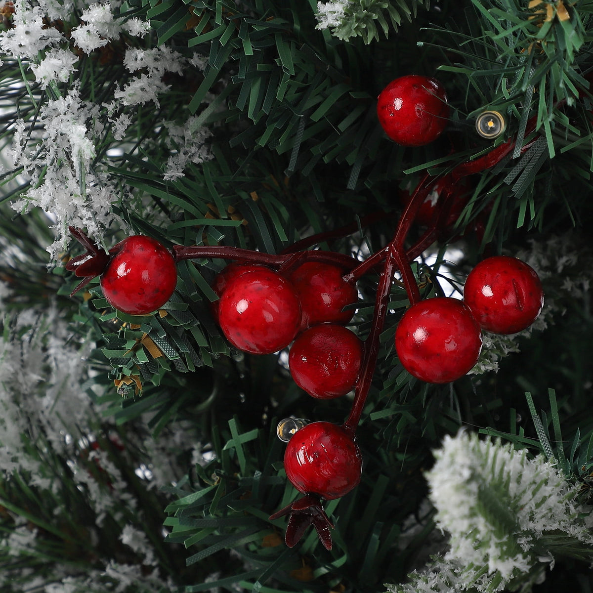 Flarhetoric 3FT Pre-Lit Snow Flocked Artificial Christmas Tree, 78 Warm White LEDs, 8 Lighting Modes, Red Berries, Easy Assembly, Tabletop Xmas Tree for Desk or Table Holiday Decor, Linen Base