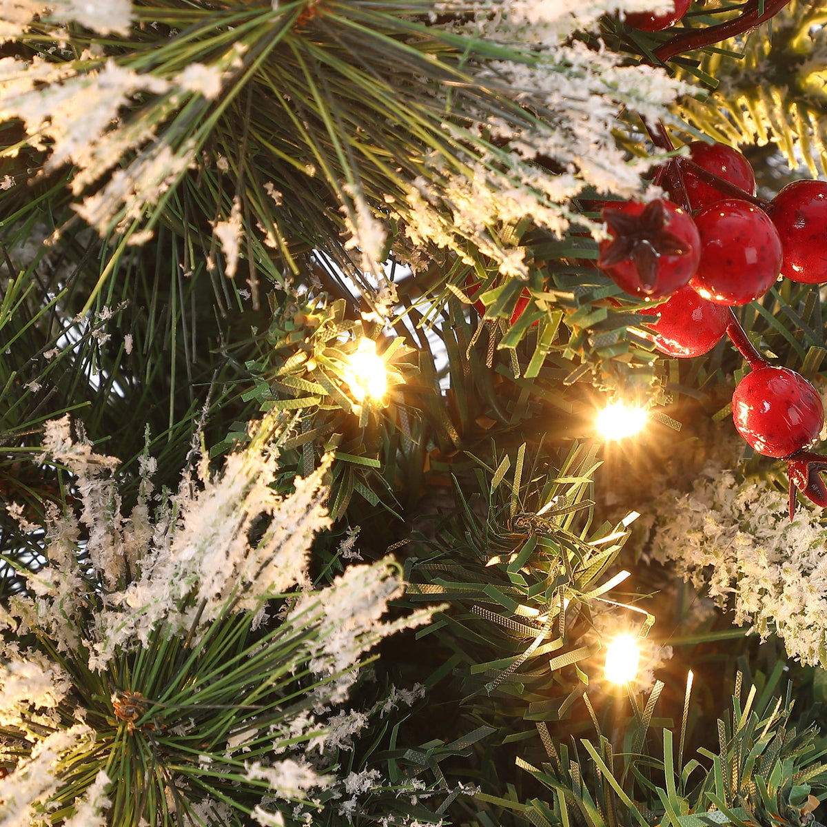 Flarhetoric 3FT Pre-Lit Snow Flocked Artificial Christmas Tree, 78 Warm White LEDs, 8 Lighting Modes, Red Berries, Easy Assembly, Tabletop Xmas Tree for Desk or Table Holiday Decor, Linen Base