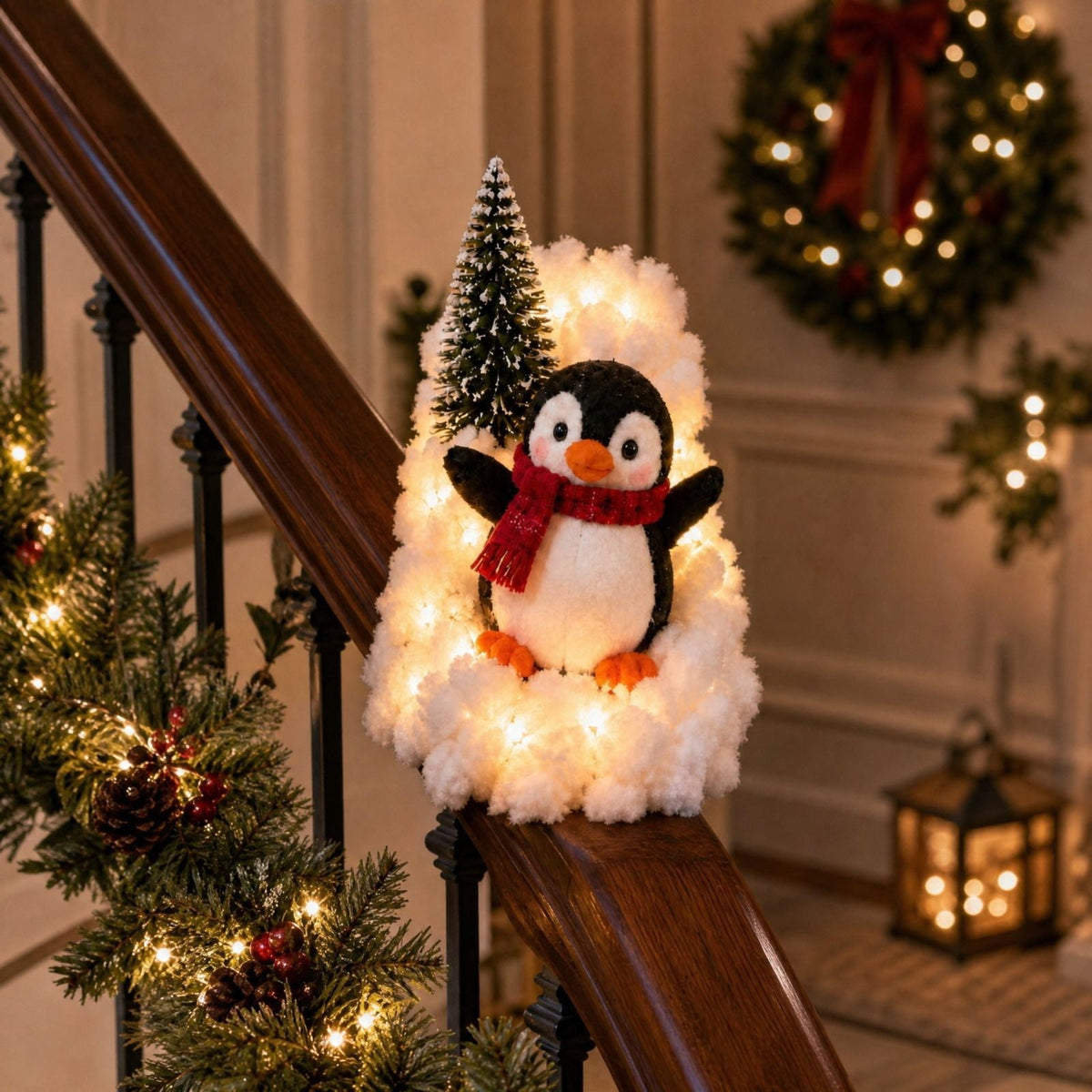 5Pack Penguin Christmas Stair Snow Decor Set,Festive Railing Accent with Playful Winter Scene,