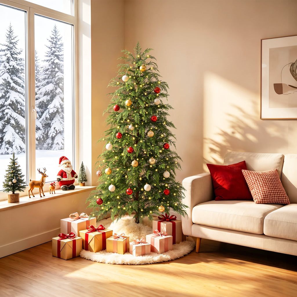 DR.Planzen 6' Pre-Lit Green Cypress Artificial Christmas Tree with 350 Warm White Twinkle LED Lights, Full-Bodied Xmas Tree with Metal Stand, Indoor Holiday Decoration
