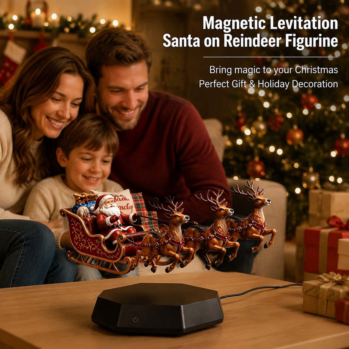 Floating Santa Sleigh,Magnetic Levitation Santa's Flying Sleigh Ornament, Santa's Flying Sleigh,Christmas Display with Built‑In Warm LED Lighting for Home,Office,Shelf & Holiday Party