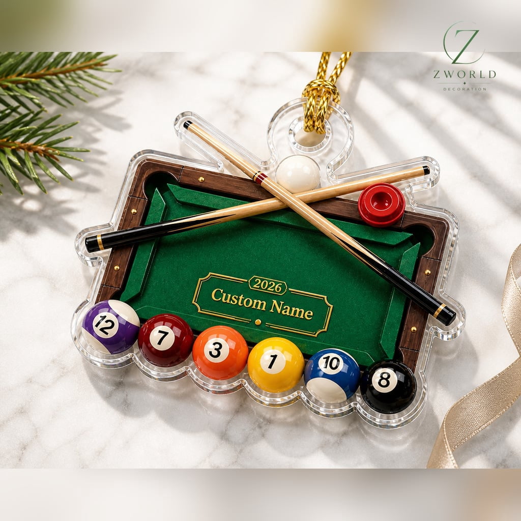 Christmas Tree Ornament Billiard Pool Table Crossed Cues and Numbered Balls Acrylic Hanging Holiday Decor