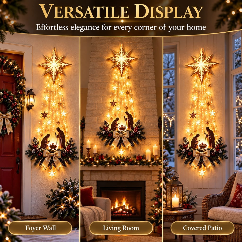 Christmas Decor,Lighted Nativity Bethlehem Star Wall Decor – Warm LED Star Lights, Gold, Indoor & Outdoor Christmas Wall Hanging