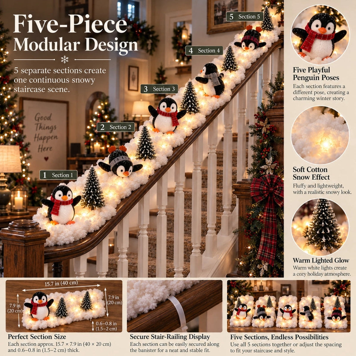 5Pack Penguin Christmas Stair Snow Decor Set,Festive Railing Accent with Playful Winter Scene,
