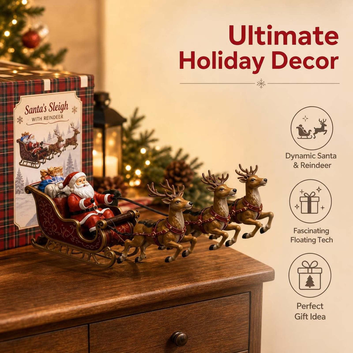 Floating Santa Sleigh,Magnetic Levitation Santa's Flying Sleigh Ornament, Santa's Flying Sleigh,Christmas Display with Built‑In Warm LED Lighting for Home,Office,Shelf & Holiday Party