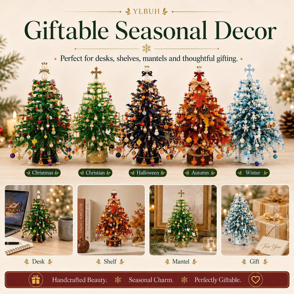 HIJUNE DIY Beaded Christmas Tree Kit, 3D Crystal Bead Holiday Craft Set, Colorful beads and wire, 3D tabletop tree design, compact holiday decor, creative Christmas project for adults