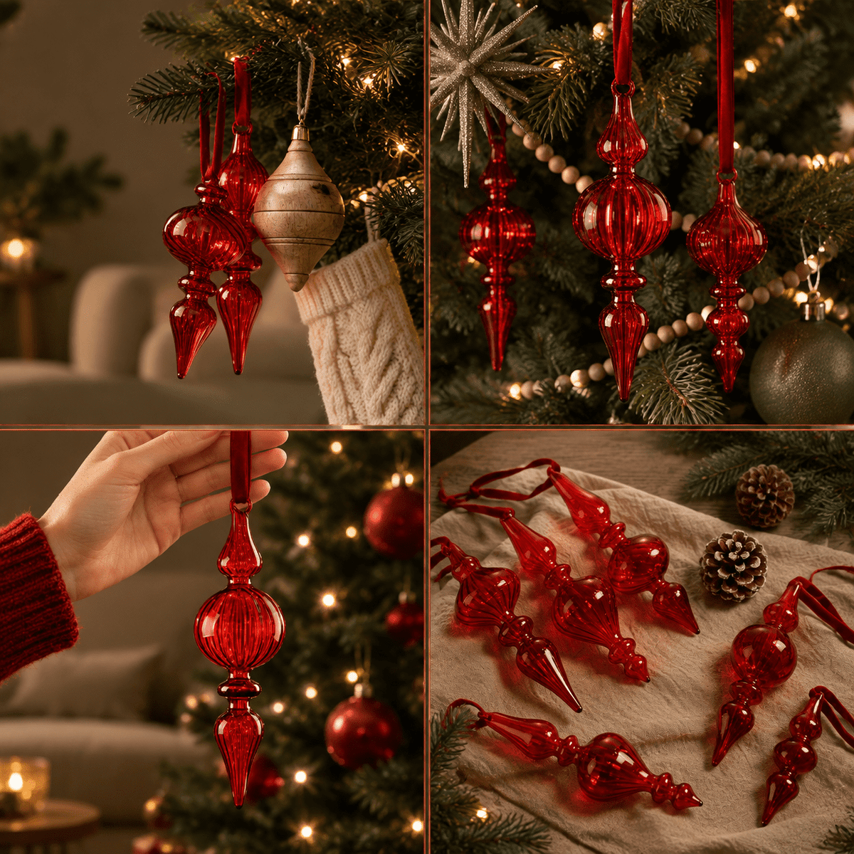 12 Burgundy Red Hand Blown Glass Finial Christmas Ornament Set