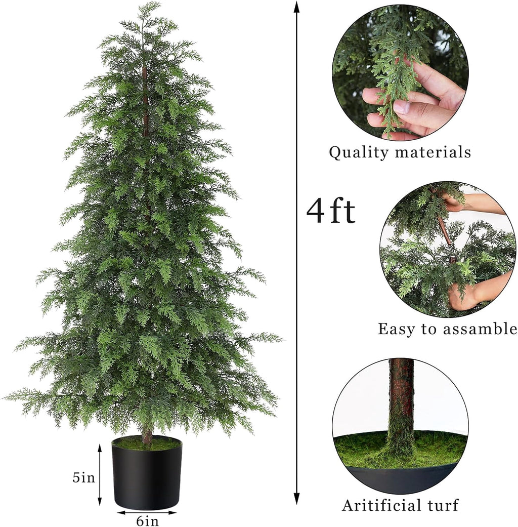 2 Set 4FT Lifelike Touch Artificial Cedar Topiary Trees for Front Porch | Fake Christmas Trees, Faux Potted Plants, UV Resistant Fake Greenery, for Front Door Garden Outdoor Farmhouse Home Decoration