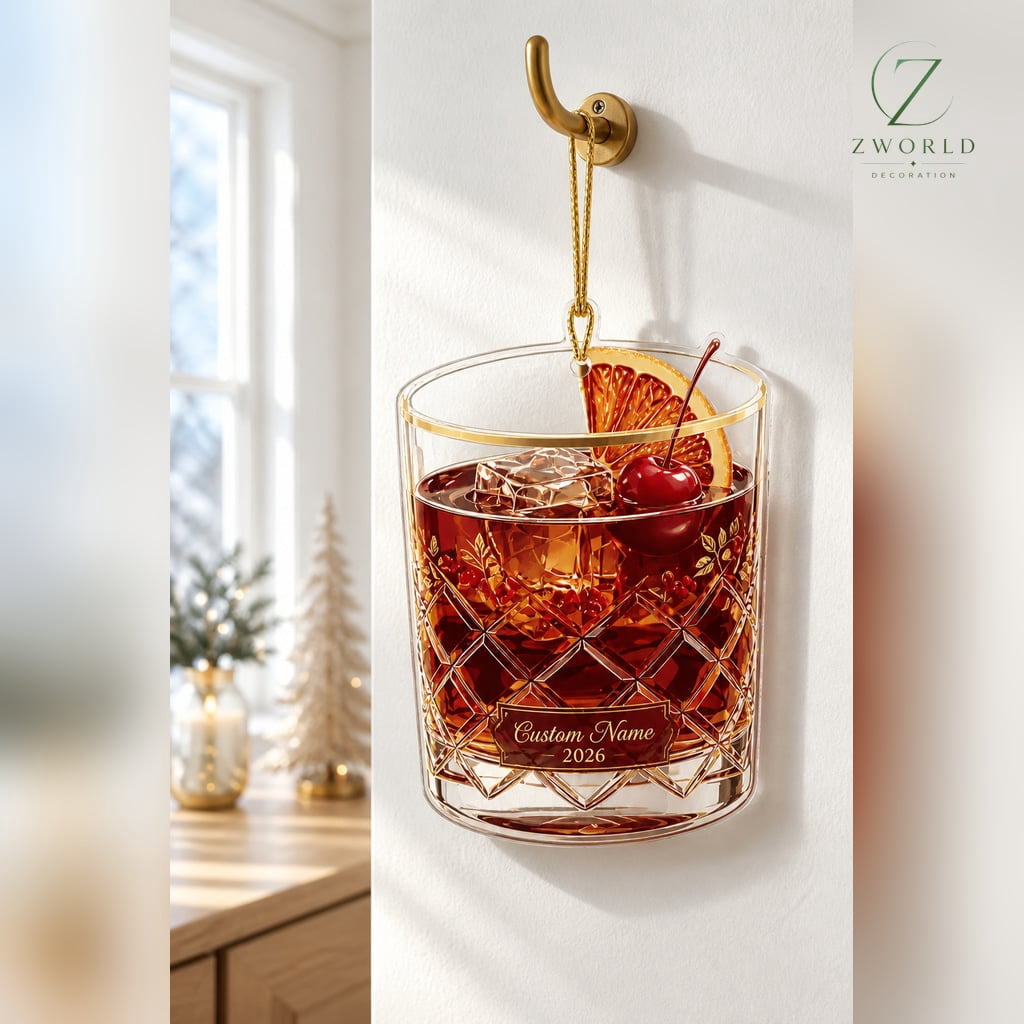 Whiskey Glass Ornament Personalized Name Acrylic Christmas Tree Decor Cocktail Lovers