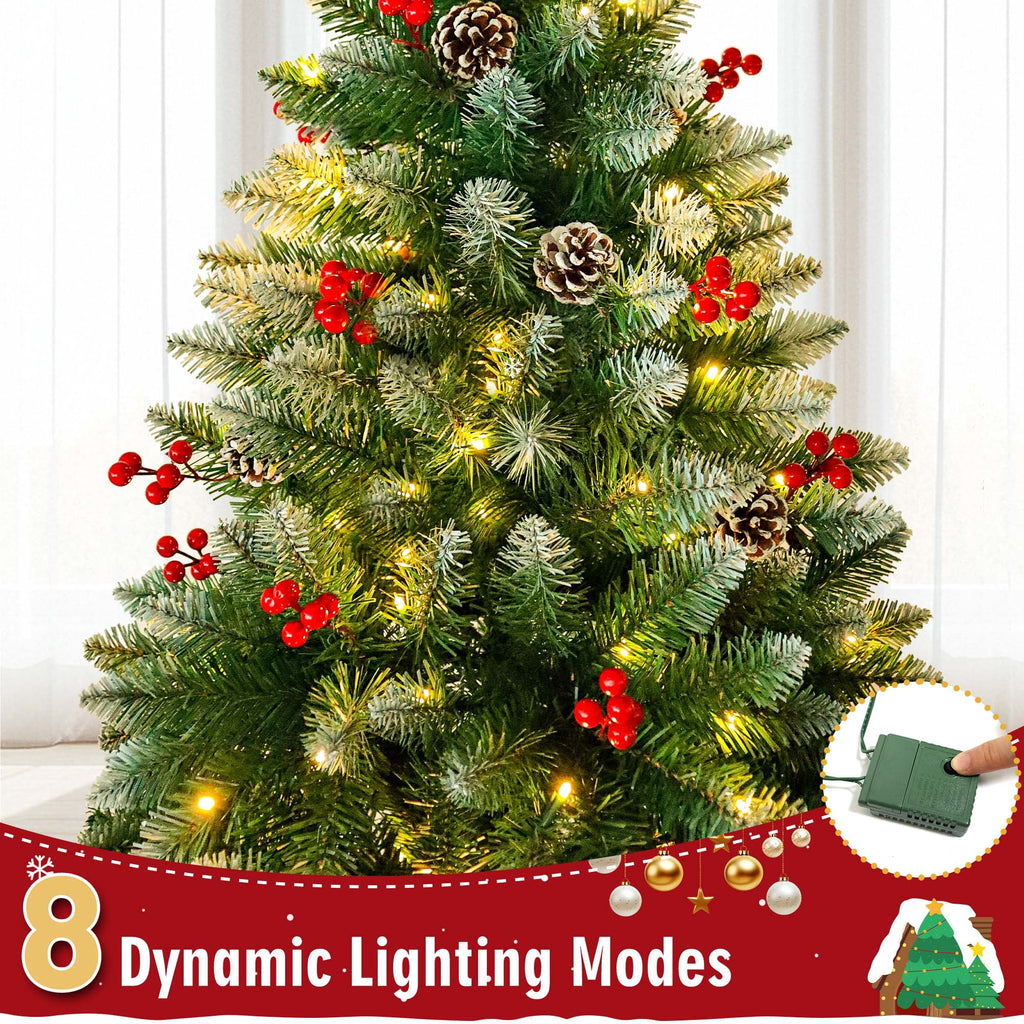 Yexmas 6FT Pre-Lit Christmas Tree with Pinecones and Red Berries,Artificial Green Xmas Tree with Large Storage Bag for Home, Office, Party Decoration