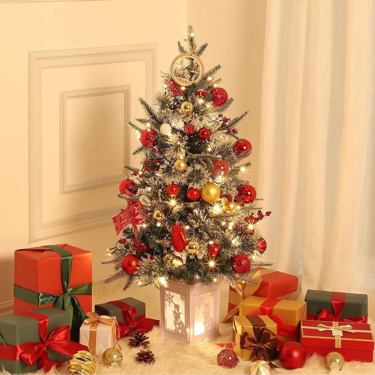 Flarhetoric 3FT Pre-Lit Snow Flocked Artificial Christmas Tree, 78 Warm White LEDs, 8 Lighting Modes, Red Berries, Easy Assembly, Tabletop Xmas Tree for Desk or Table Holiday Decor, Linen Base