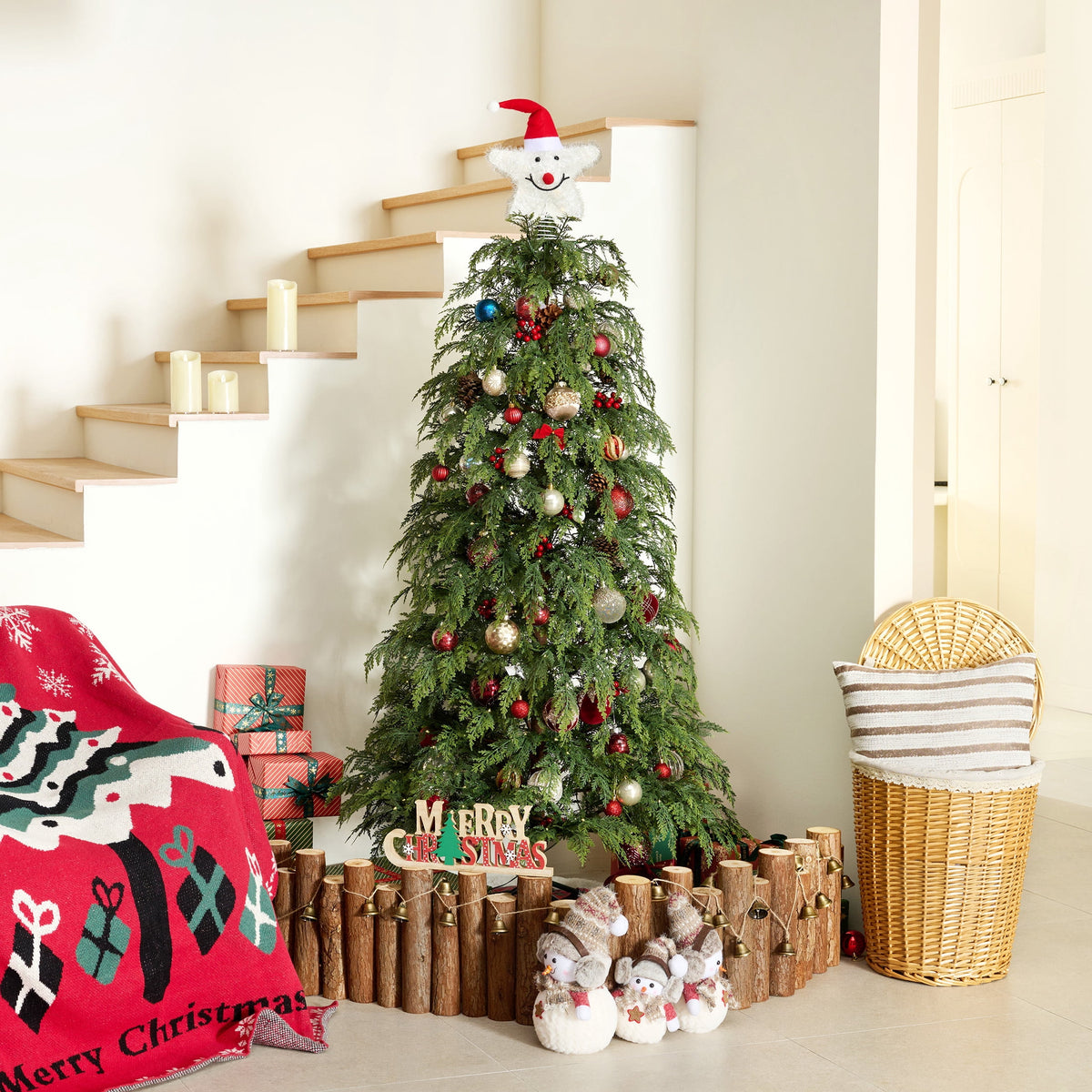 DR.Planzen 6' Pre-Lit Green Cypress Artificial Christmas Tree with 350 Warm White Twinkle LED Lights, Full-Bodied Xmas Tree with Metal Stand, Indoor Holiday Decoration