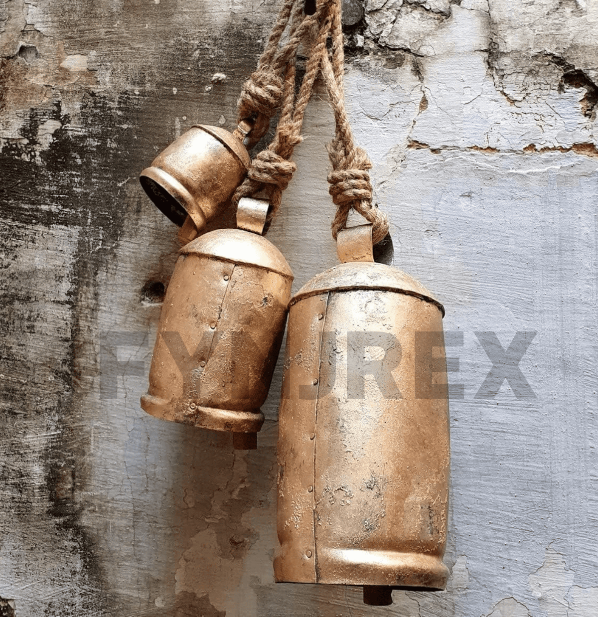 Rustic Cow Bells Set of 15 on Hanging Rod, Vintage Gold Harmony Bells Wall Decor
