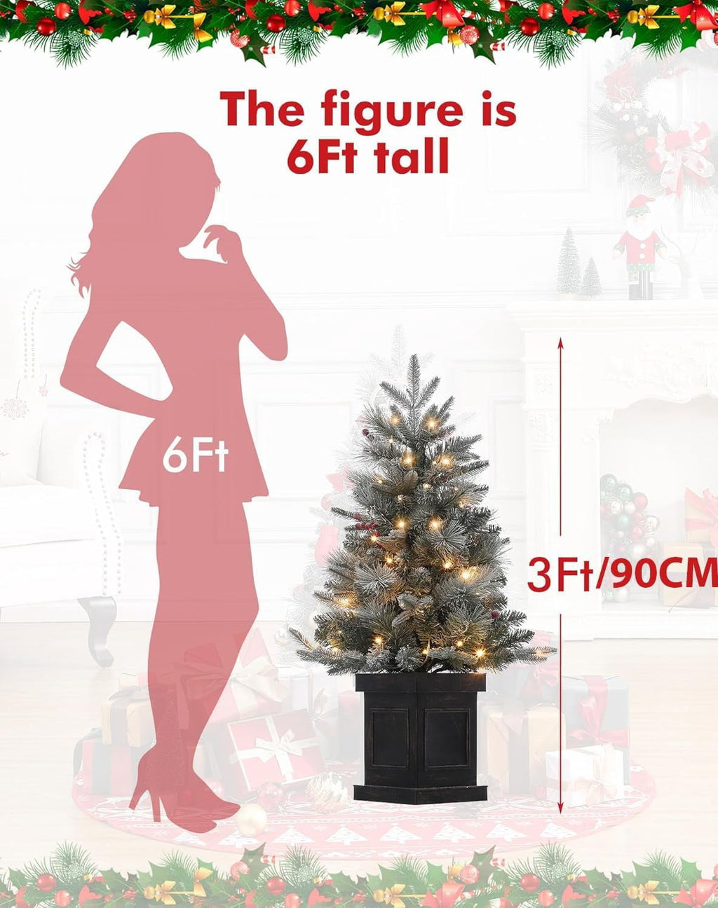 Flarhetoric 3FT Pre-Lit Snow Flocked Artificial Christmas Tree, 78 Warm White LEDs, 8 Lighting Modes, Red Berries, Easy Assembly, Tabletop Xmas Tree for Desk or Table Holiday Decor, Linen Base