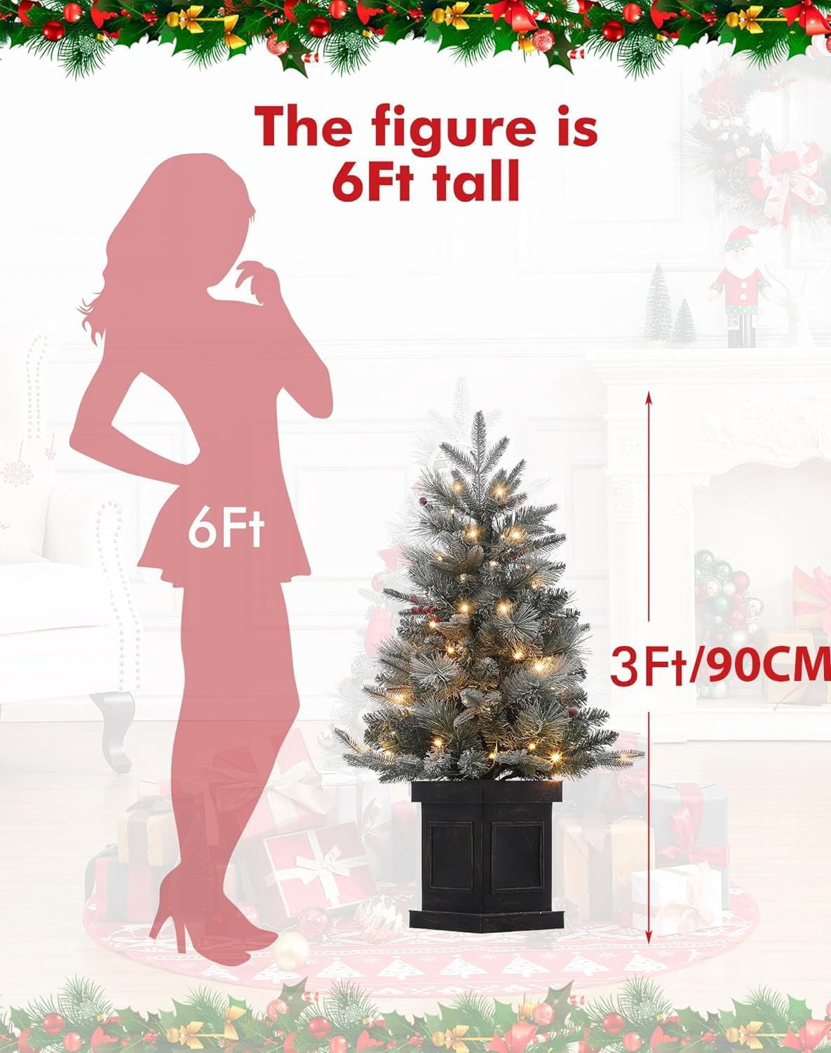 Flarhetoric 3FT Pre-Lit Snow Flocked Artificial Christmas Tree, 78 Warm White LEDs, 8 Lighting Modes, Red Berries, Easy Assembly, Tabletop Xmas Tree for Desk or Table Holiday Decor, Linen Base