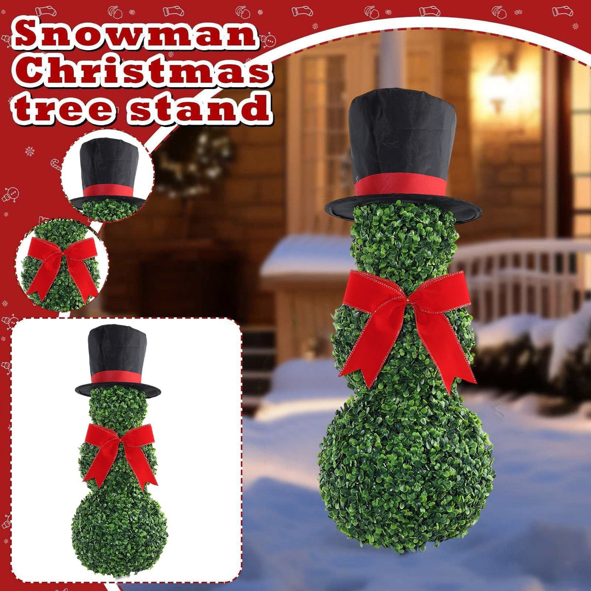 Christmas Snowman Topiary, Artificial Snowman Shaped Boxwood Tree with Santa Hat, Topiary for Outdoor Indoor Porch Decor Holiday Home and Garden Styling