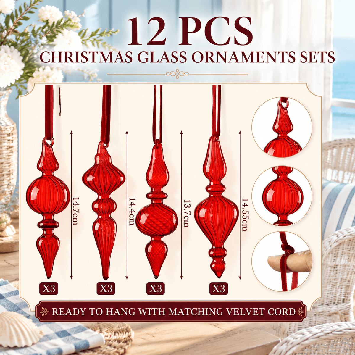 12 Burgundy Red Hand Blown Glass Finial Christmas Ornament Set